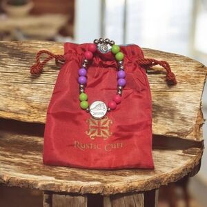 Rustic Cuff Multicolor Beaded Bracelet with Silver Charm